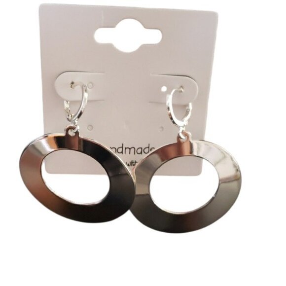 Women 14k Silver Plated Geometric Round Dangle High Polished Surface Earrings - Picture 8 of 9